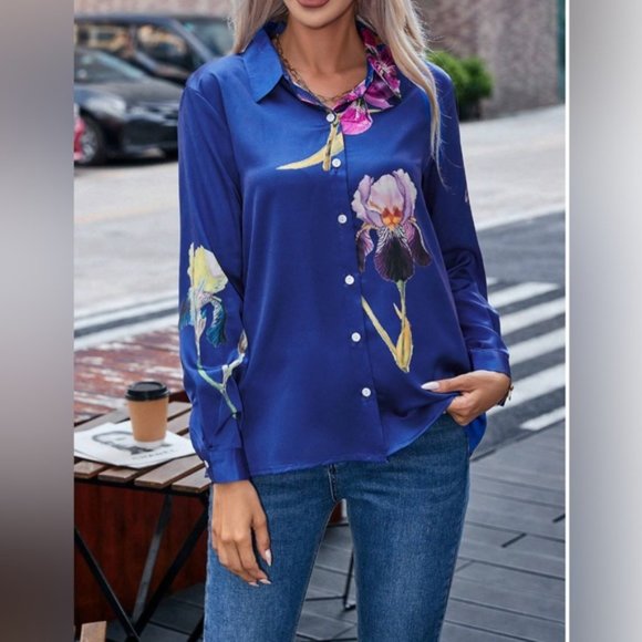 Blue Floral Satin Button Down Blouse - Picture 4 of 8